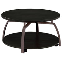 Dyn 2Pc Round Coffee and End Table Set, Curved Metal Base, Black Wood