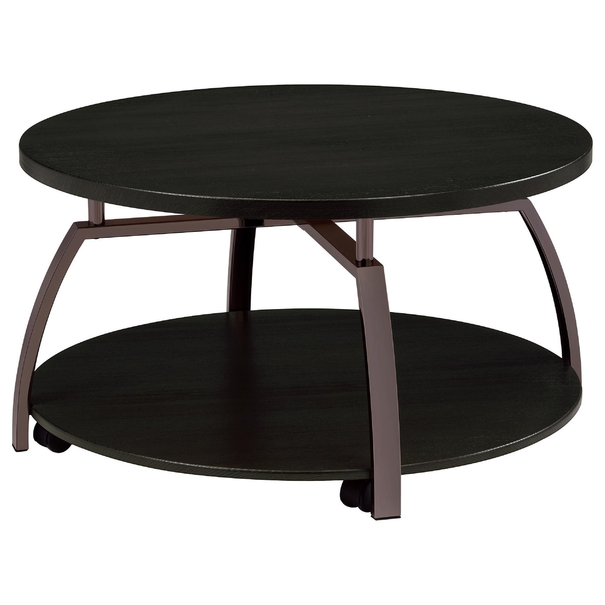 Dyn 2Pc Round Coffee and End Table Set, Curved Metal Base, Black Wood