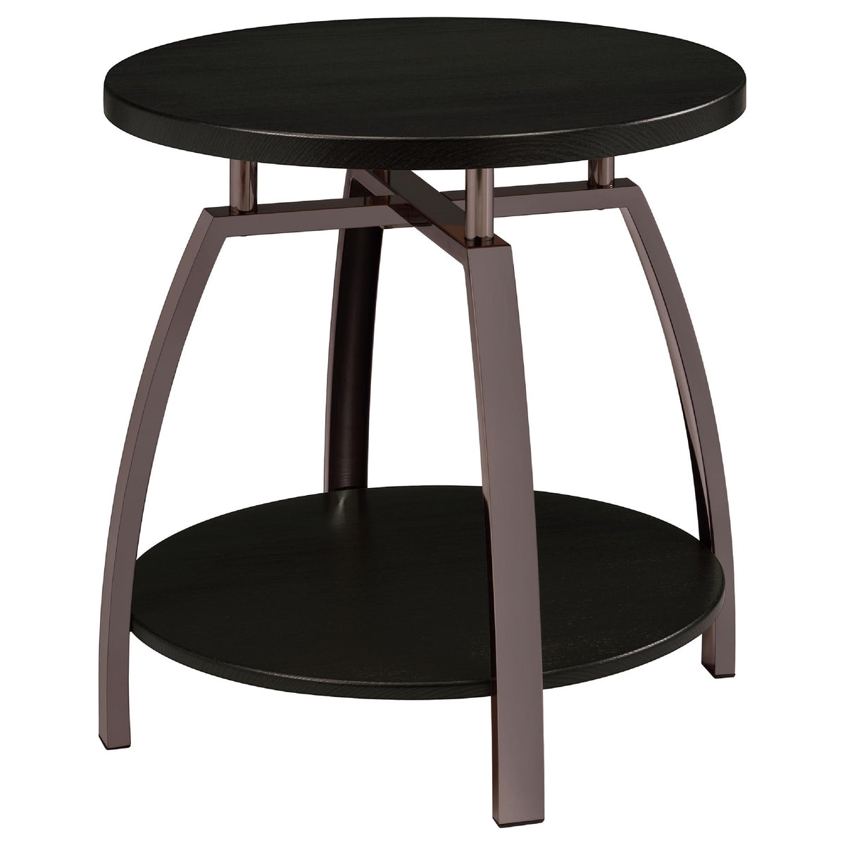Dyn 2Pc Round Coffee and End Table Set, Curved Metal Base, Black Wood