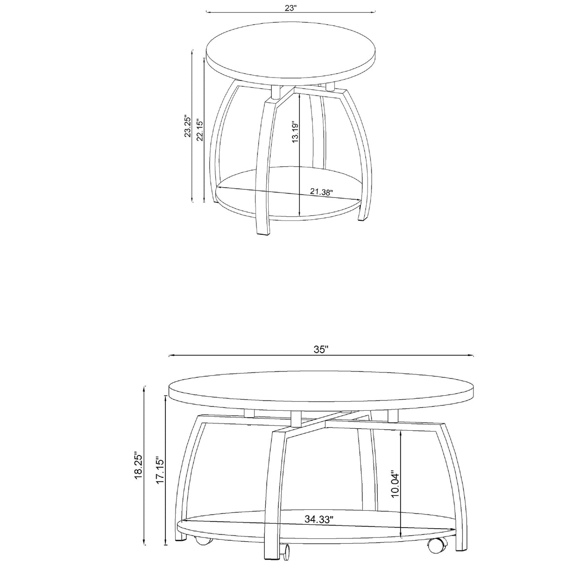 Dyn 2Pc Round Coffee and End Table Set, Curved Metal Base, Black Wood