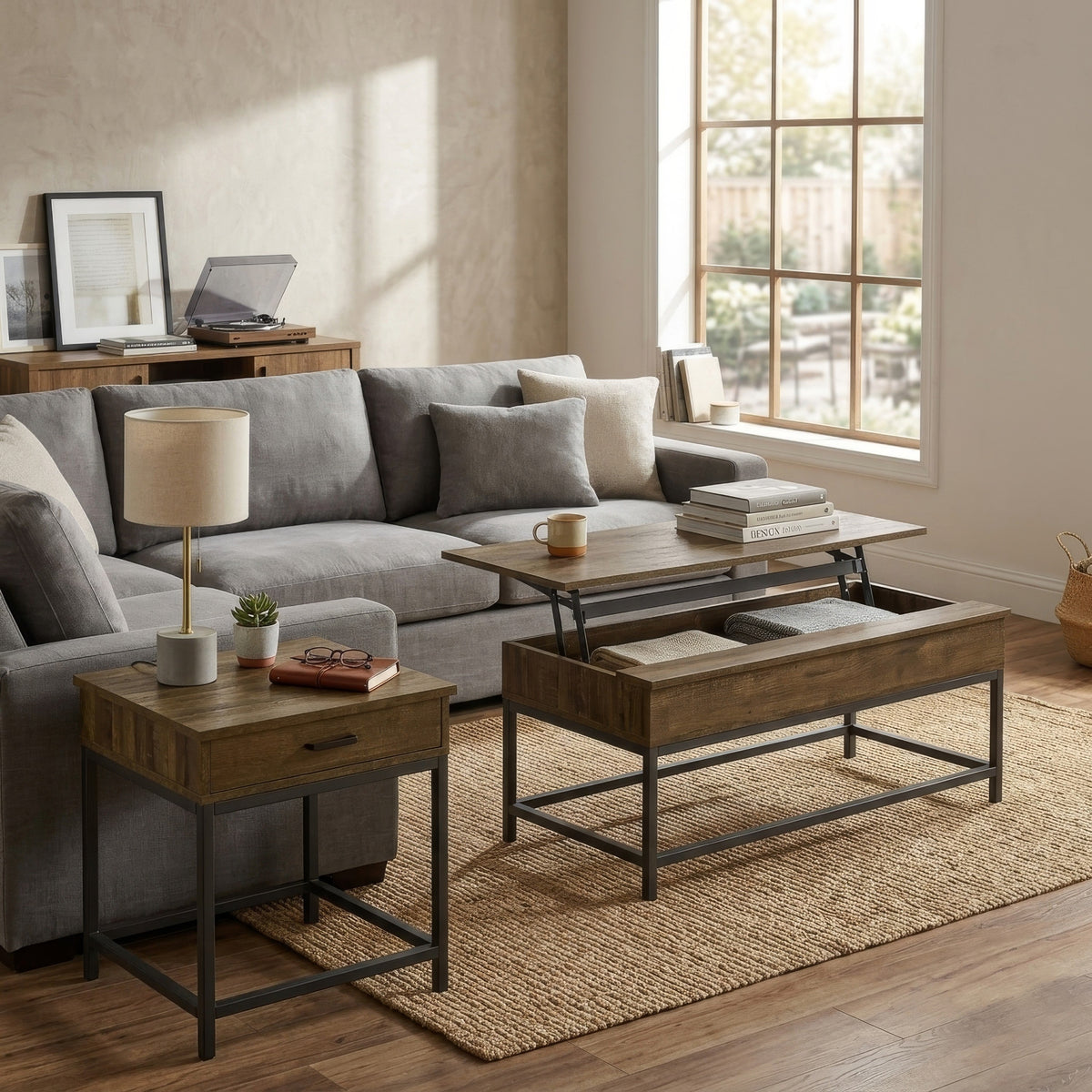 Mecy 2pc Coffee and Side End Table Set, Oak Brown Top, Black Metal-BM352861