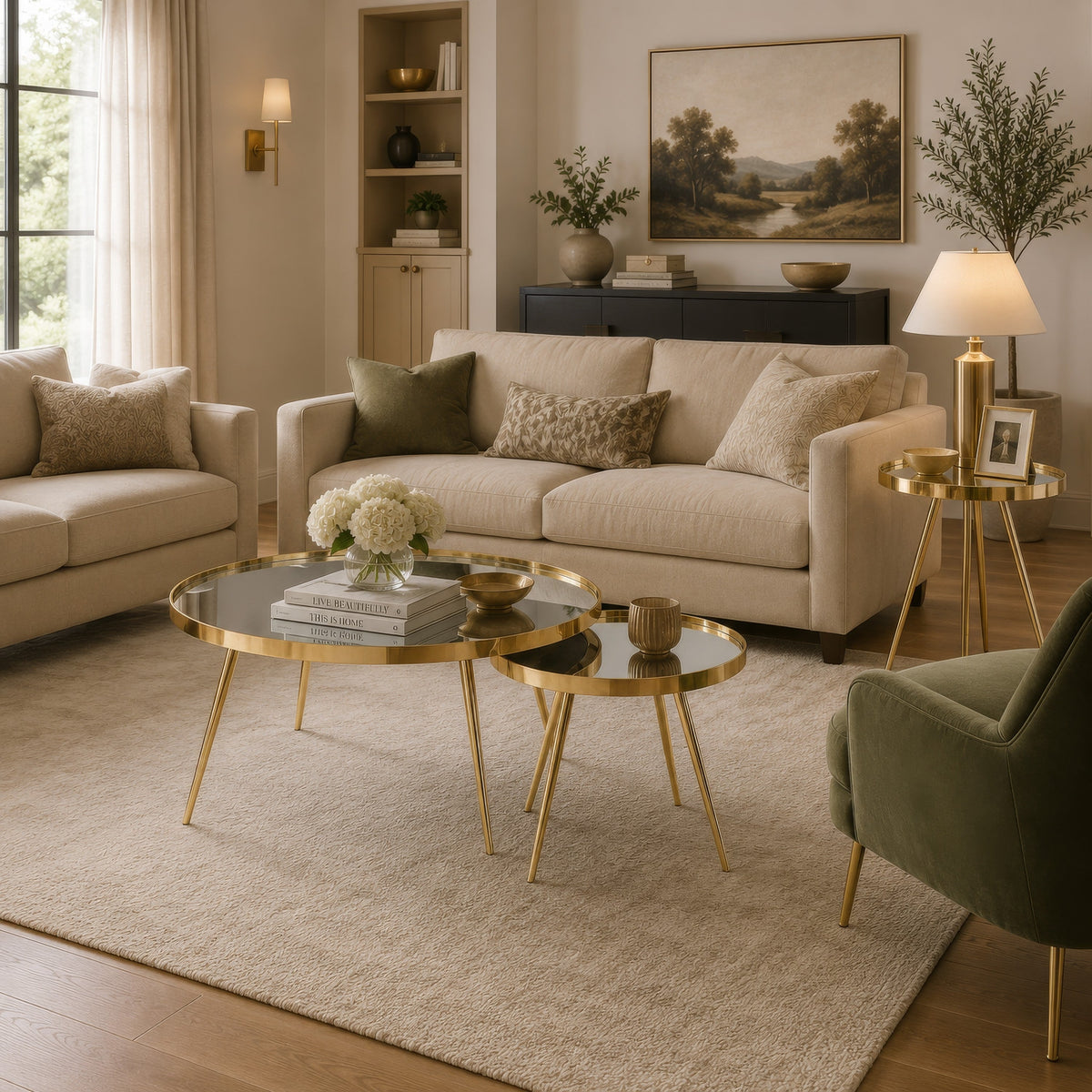 Kecy 3pc Coffee and End Table Set, Gold Metal Frame, Round Mirror Top-BM352862