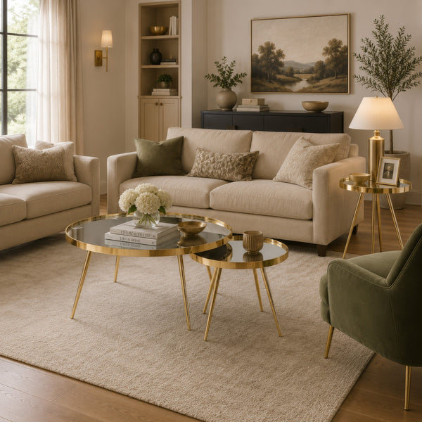 Kecy 3pc Coffee and End Table Set, Gold Metal Frame, Round Mirror Top-BM352862