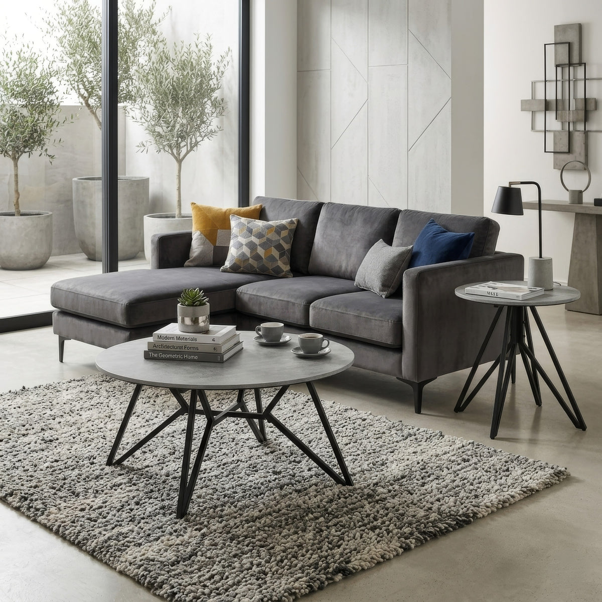 Aya 2pc Coffee and End Table Set, Gray Faux Cement Top, Black Metal
