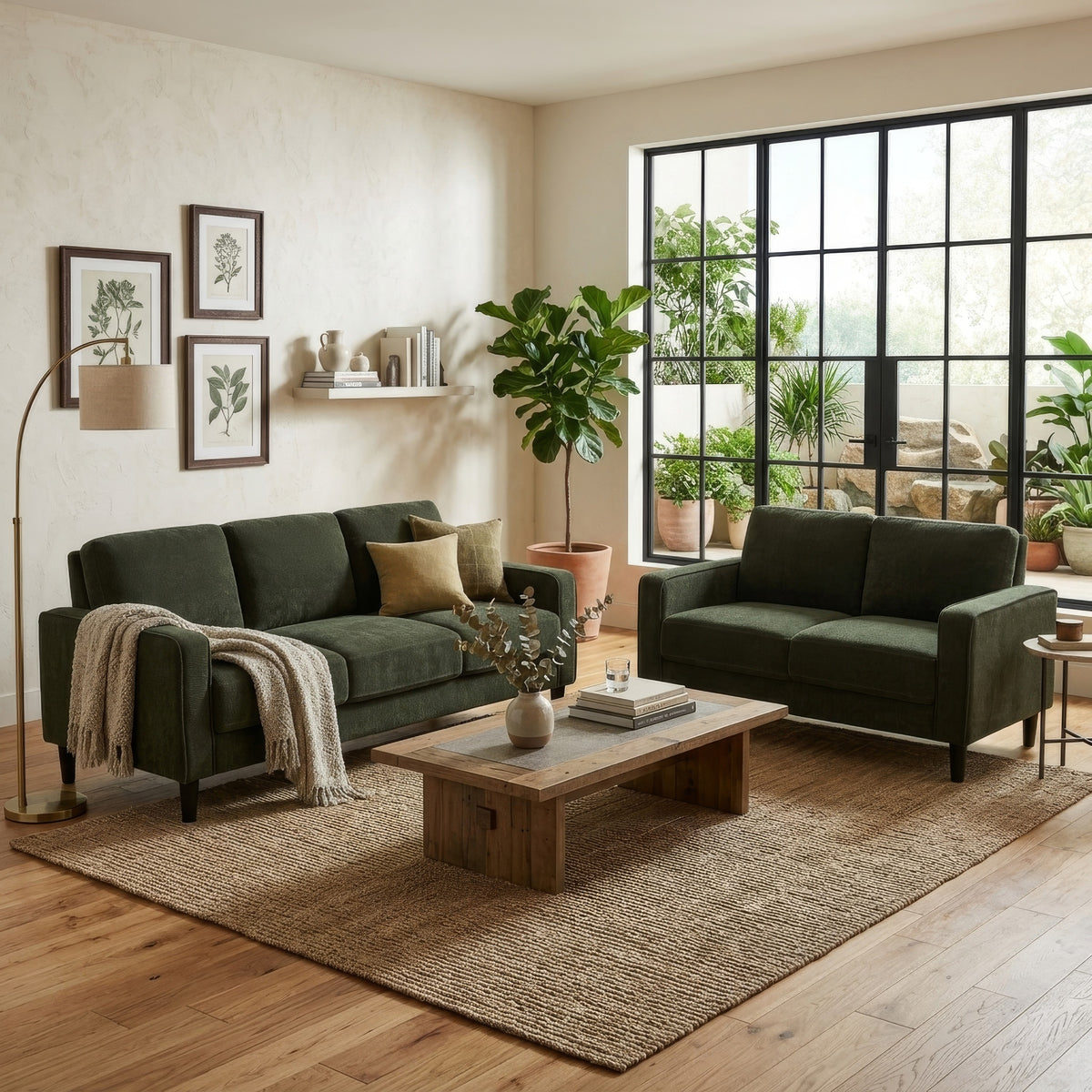 2pc Sofa and Loveseat Set, Track Arms, Foam Fill Matcha Green Upholstery