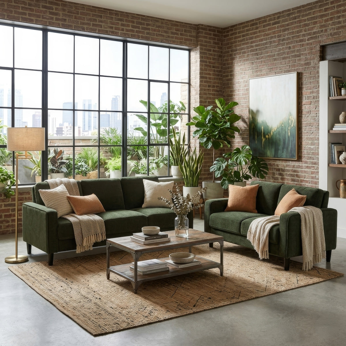 2pc Sofa and Loveseat Set, Track Arms, Foam Fill Matcha Green Upholstery