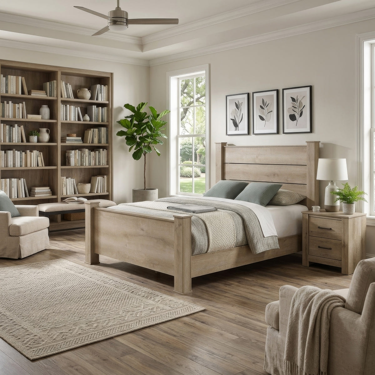 Tyna Rustic Queen Panel Bed with Planked Headboard, Weathered Oak Wood