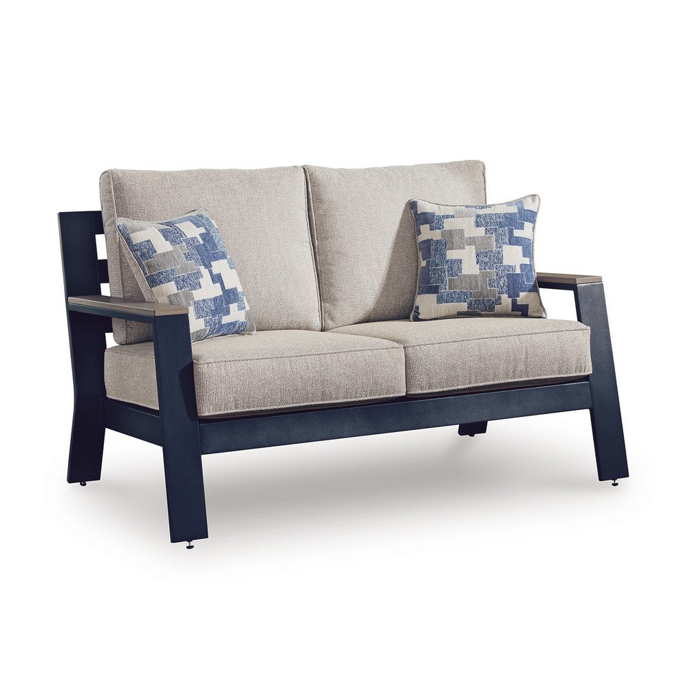 Beco Outdoor Loveseat, 2 Pillows, Beige Cushions, 58 Inch Navy Blue
