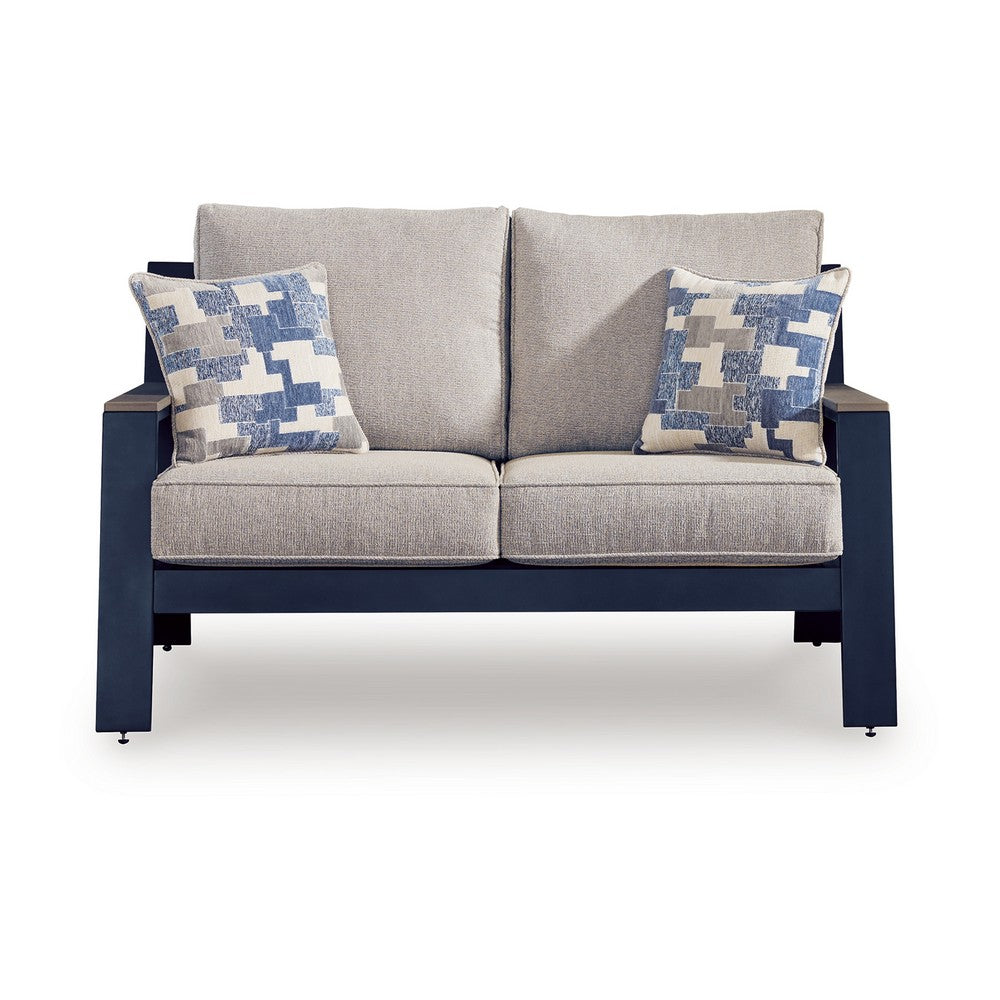 Beco Outdoor Loveseat, 2 Pillows, Beige Cushions, 58 Inch Navy Blue
