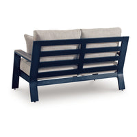 Beco Outdoor Loveseat, 2 Pillows, Beige Cushions, 58 Inch Navy Blue