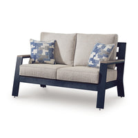 Beco Outdoor Loveseat, 2 Pillows, Beige Cushions, 58 Inch Navy Blue
