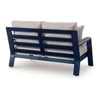 Beco Outdoor Loveseat, 2 Pillows, Beige Cushions, 58 Inch Navy Blue