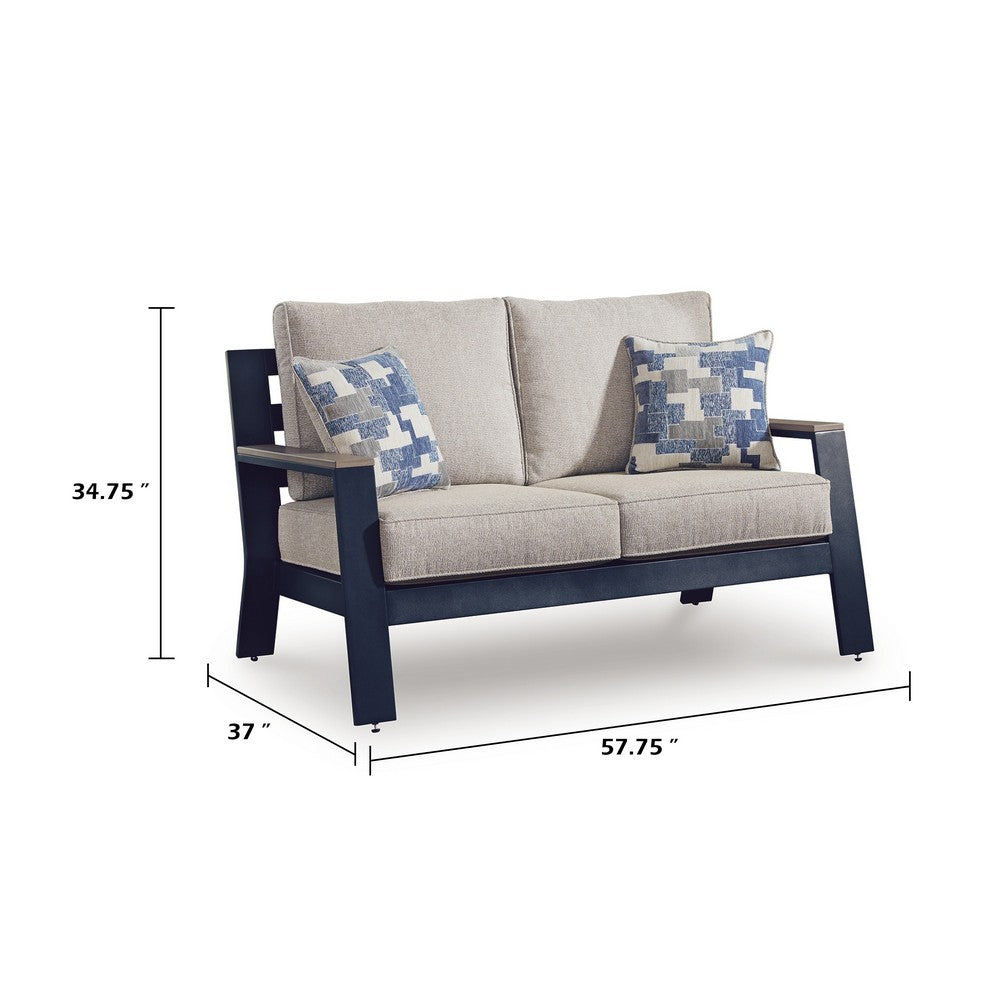 Beco Outdoor Loveseat, 2 Pillows, Beige Cushions, 58 Inch Navy Blue