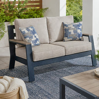 Beco Outdoor Loveseat, 2 Pillows, Beige Cushions, 58 Inch Navy Blue