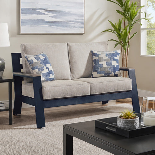 Beco Outdoor Loveseat, 2 Pillows, Beige Cushions, 58 Inch Navy Blue