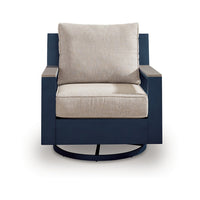 Beco Outdoor Swivel Glider Chair, Beige Nuvella Cushions, Navy Blue Metal