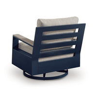 Beco Outdoor Swivel Glider Chair, Beige Nuvella Cushions, Navy Blue Metal
