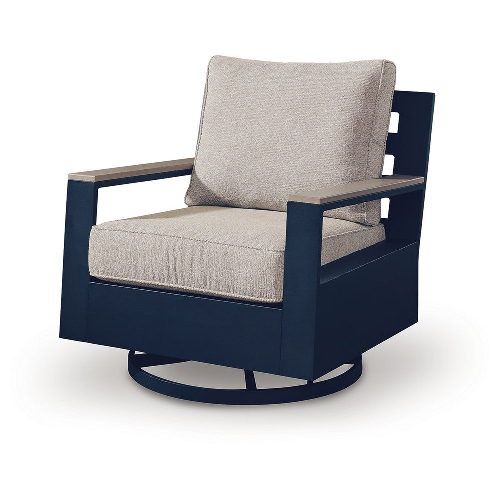 Beco Outdoor Swivel Glider Chair, Beige Nuvella Cushions, Navy Blue Metal
