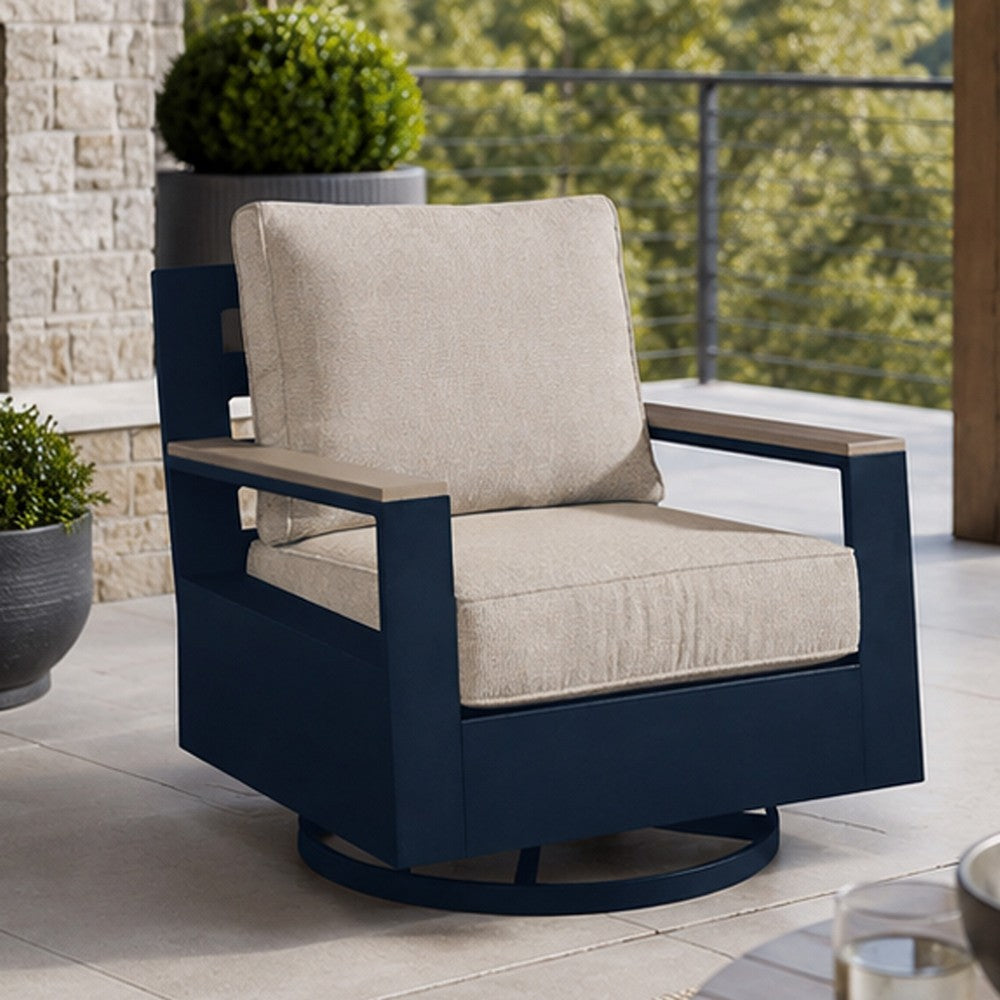 Beco Outdoor Swivel Glider Chair, Beige Nuvella Cushions, Navy Blue Metal