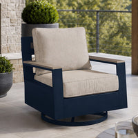 Beco Outdoor Swivel Glider Chair, Beige Nuvella Cushions, Navy Blue Metal