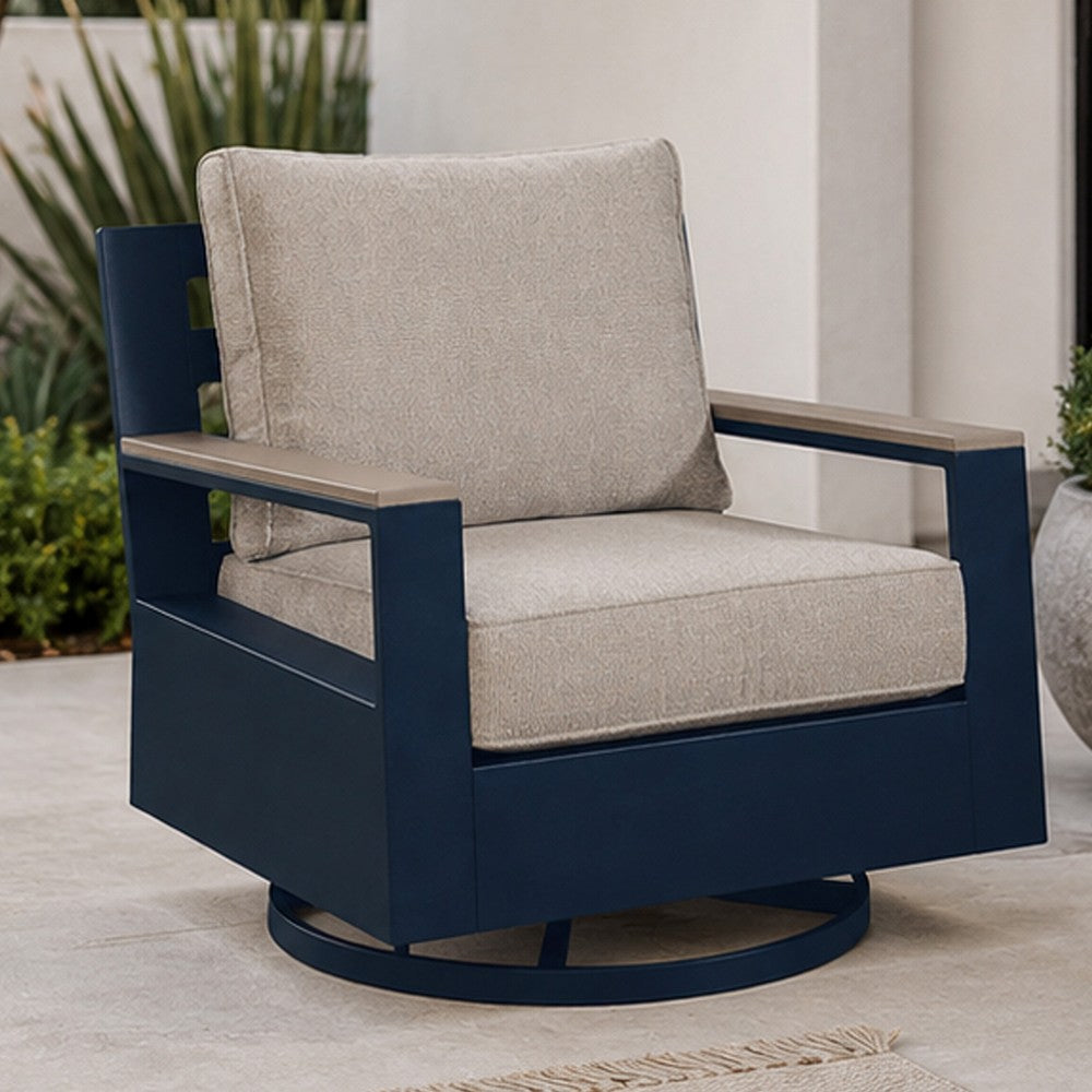 Beco Outdoor Swivel Glider Chair, Beige Nuvella Cushions, Navy Blue Metal