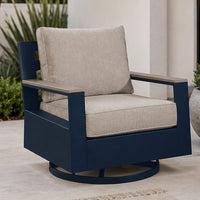 Beco Outdoor Swivel Glider Chair, Beige Nuvella Cushions, Navy Blue Metal