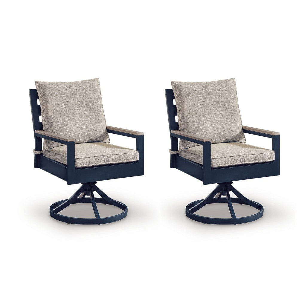 Beco Outdoor Swivel Chair Set of 2, Beige Nuvella Cushions, Navy Blue Metal