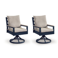 Beco Outdoor Swivel Chair Set of 2, Beige Nuvella Cushions, Navy Blue Metal
