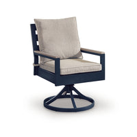 Beco Outdoor Swivel Chair Set of 2, Beige Nuvella Cushions, Navy Blue Metal