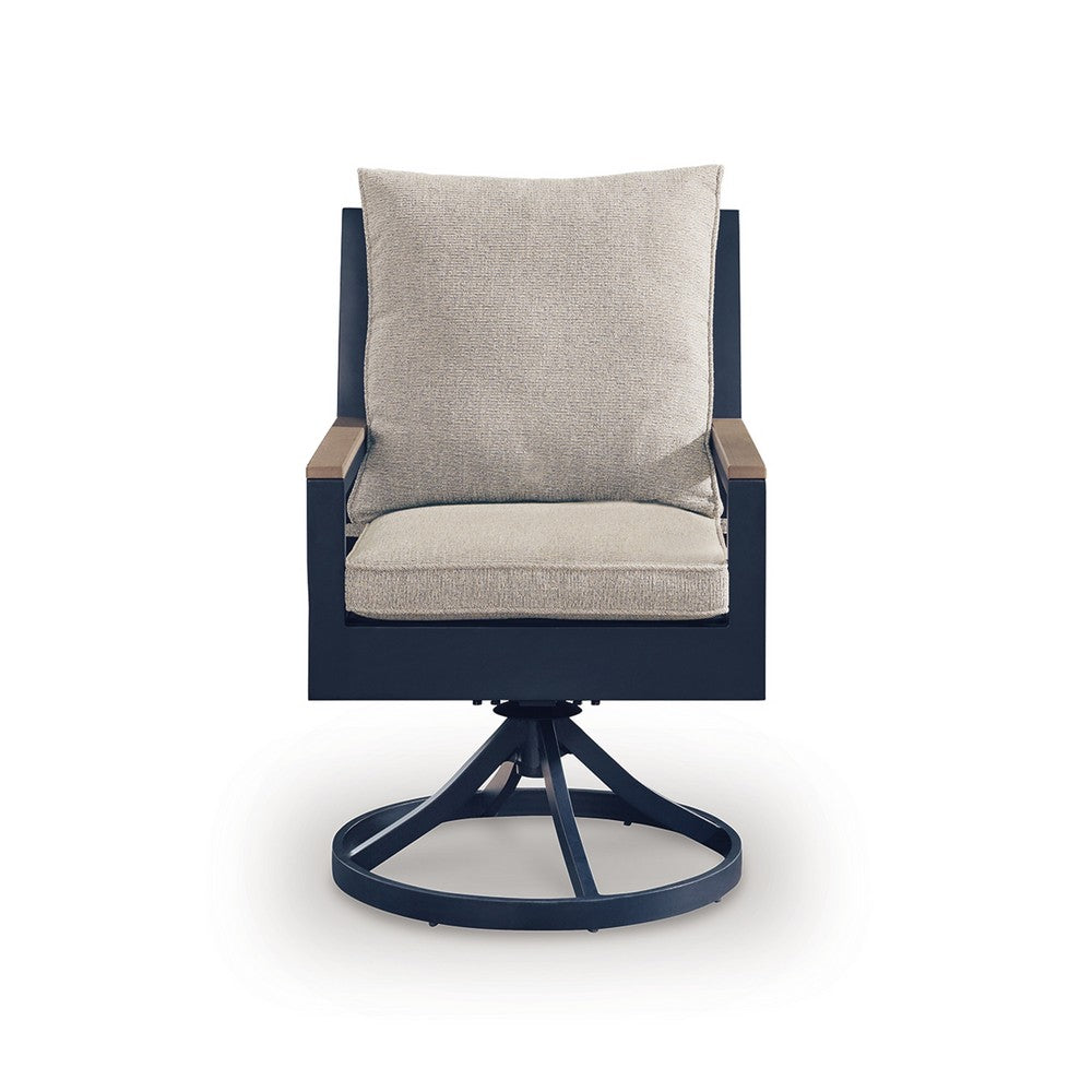 Beco Outdoor Swivel Chair Set of 2, Beige Nuvella Cushions, Navy Blue Metal