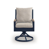 Beco Outdoor Swivel Chair Set of 2, Beige Nuvella Cushions, Navy Blue Metal