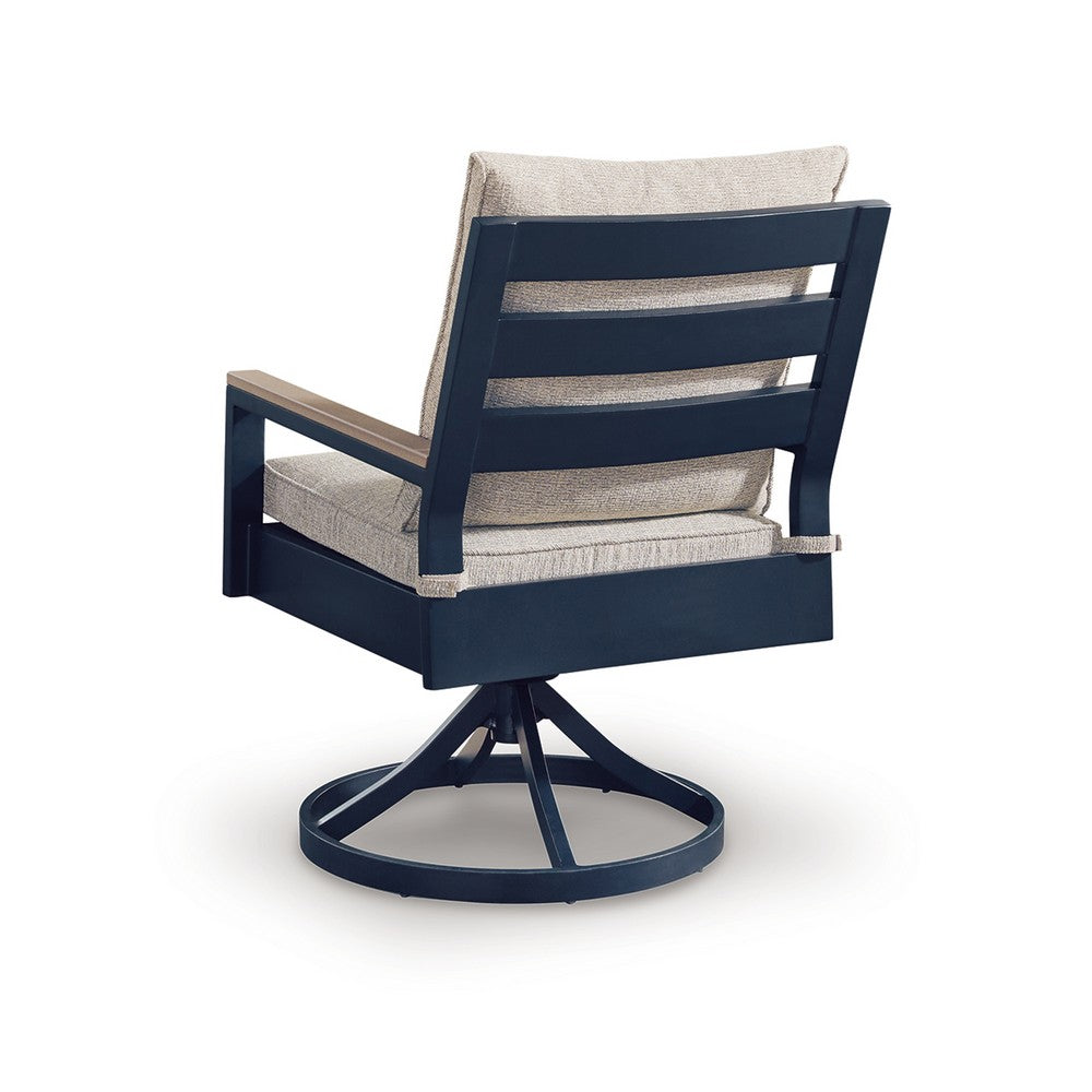Beco Outdoor Swivel Chair Set of 2, Beige Nuvella Cushions, Navy Blue Metal