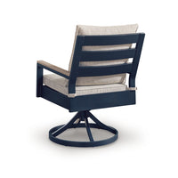 Beco Outdoor Swivel Chair Set of 2, Beige Nuvella Cushions, Navy Blue Metal