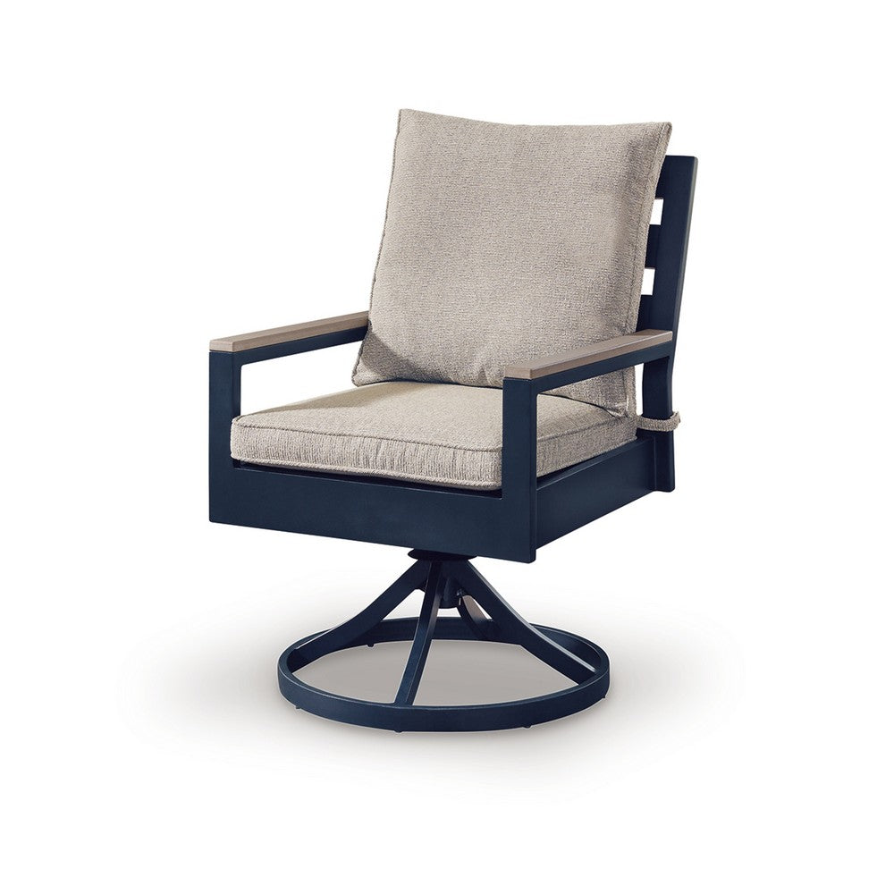 Beco Outdoor Swivel Chair Set of 2, Beige Nuvella Cushions, Navy Blue Metal