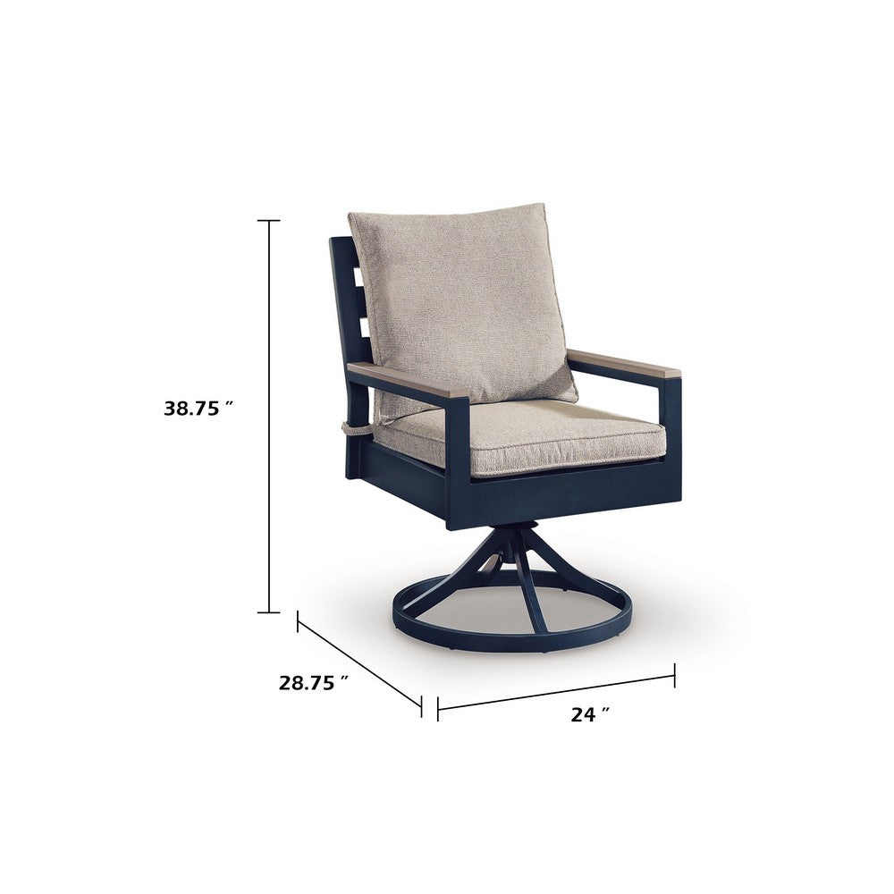 Beco Outdoor Swivel Chair Set of 2, Beige Nuvella Cushions, Navy Blue Metal