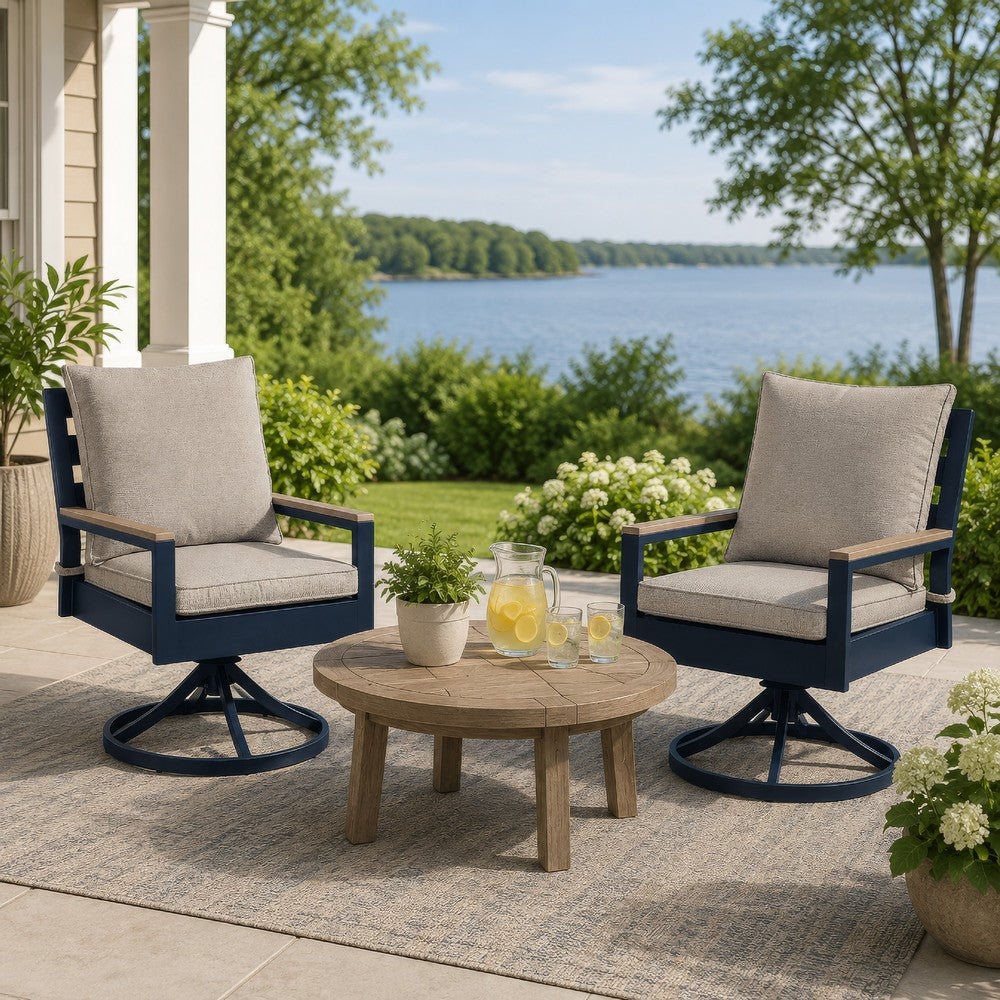 Beco Outdoor Swivel Chair Set of 2, Beige Nuvella Cushions, Navy Blue Metal