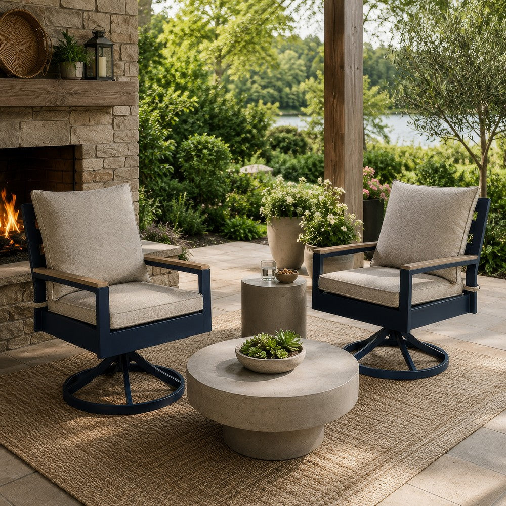 Beco Outdoor Swivel Chair Set of 2, Beige Nuvella Cushions, Navy Blue Metal