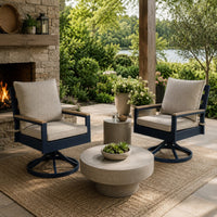 Beco Outdoor Swivel Chair Set of 2, Beige Nuvella Cushions, Navy Blue Metal