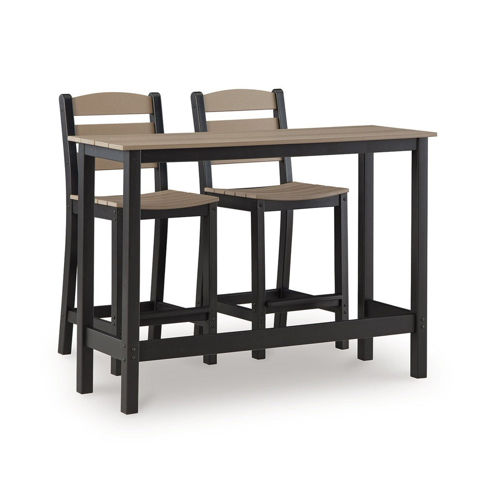 Lene 3pc Outdoor Set w Counter Table and 2 Barstool Chairs, Beige and Black-BM352902