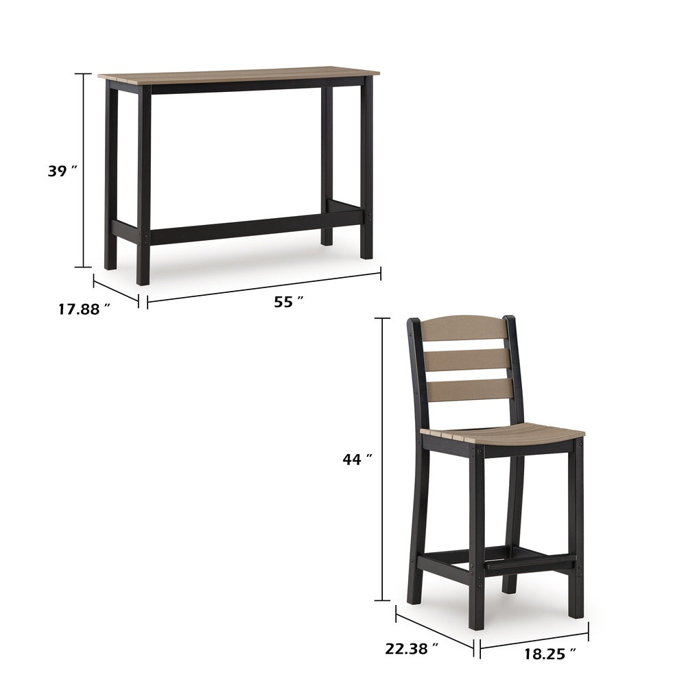 Lene 3pc Outdoor Set w Counter Table and 2 Barstool Chairs, Beige and Black-BM352902