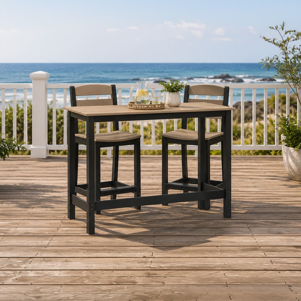 Lene 3pc Outdoor Set w Counter Table and 2 Barstool Chairs, Beige and Black-BM352902