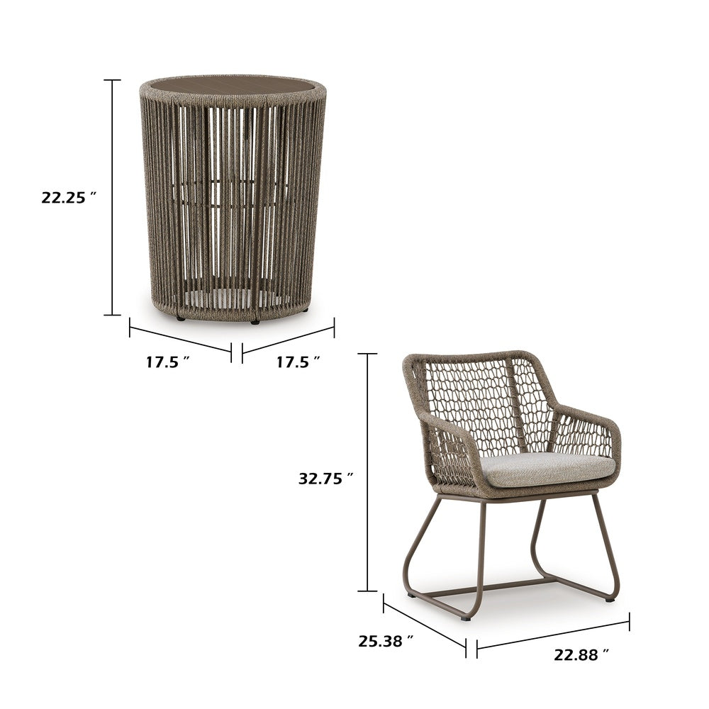 Majo 3pc Outdoor Table and Chair Set, Rope Woven Aluminum, Beige Nuvella-BM352910