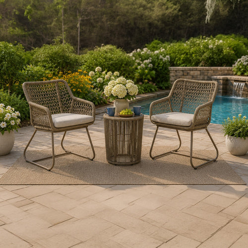 Majo 3pc Outdoor Table and Chair Set, Rope Woven Aluminum, Beige Nuvella-BM352910