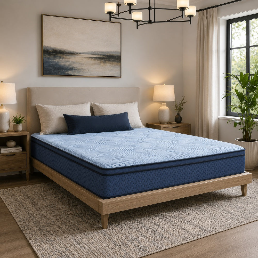 Pmy Hybrid King Mattress, Cooling Cover, Coil Support, Blue Fabric 12 Inch-BM352927