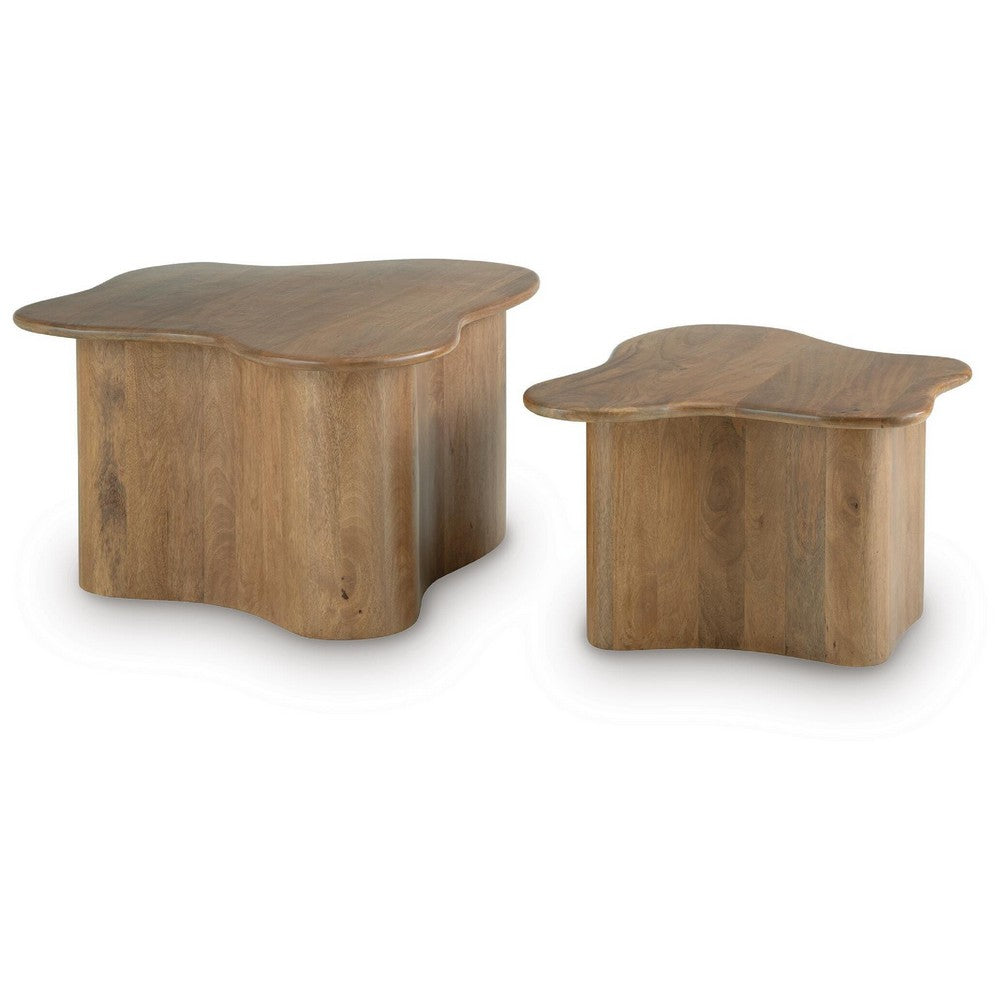 Anvy Accent Coffee Table, Set of 2, Abstract Design, Brown Mango Wood