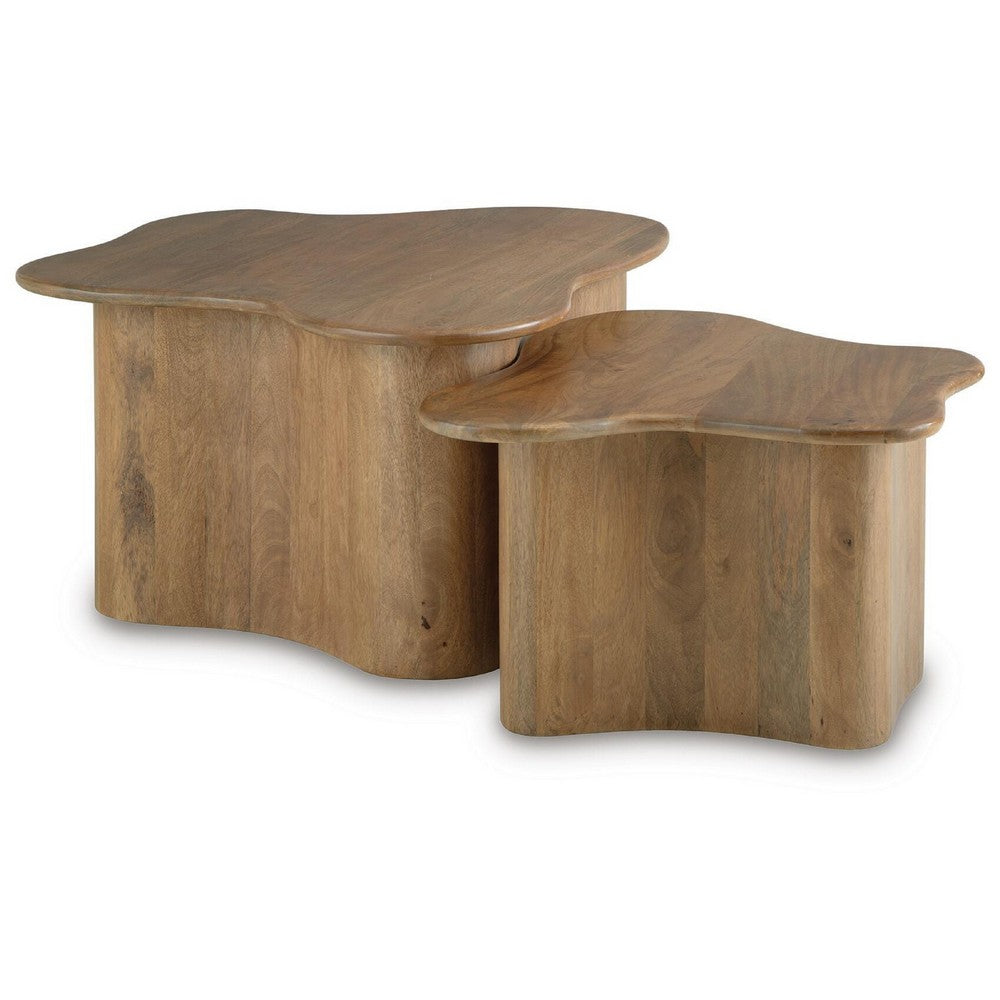 Anvy Accent Coffee Table, Set of 2, Abstract Design, Brown Mango Wood