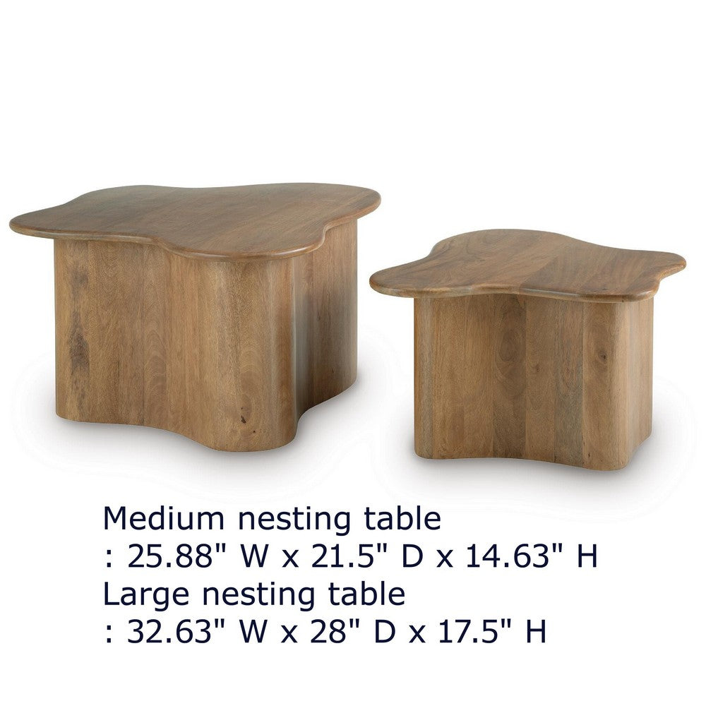 Anvy Accent Coffee Table, Set of 2, Abstract Design, Brown Mango Wood