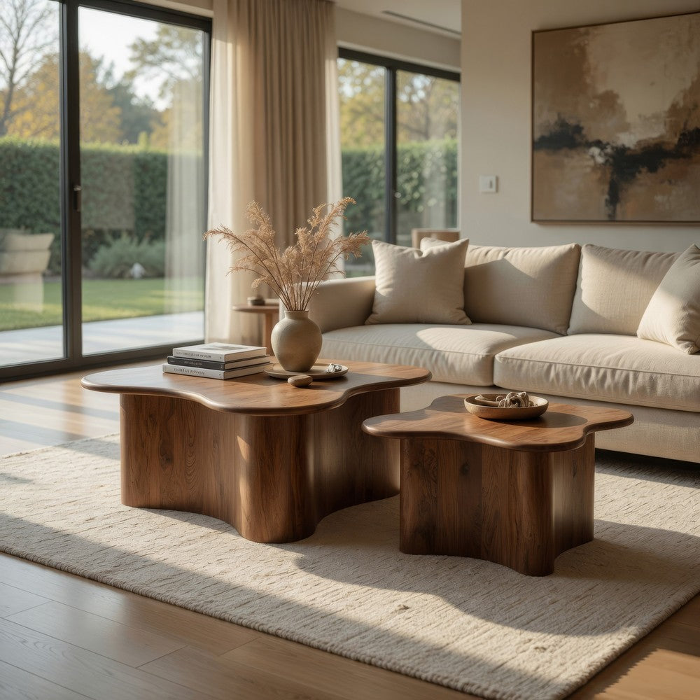 Anvy Accent Coffee Table, Set of 2, Abstract Design, Brown Mango Wood