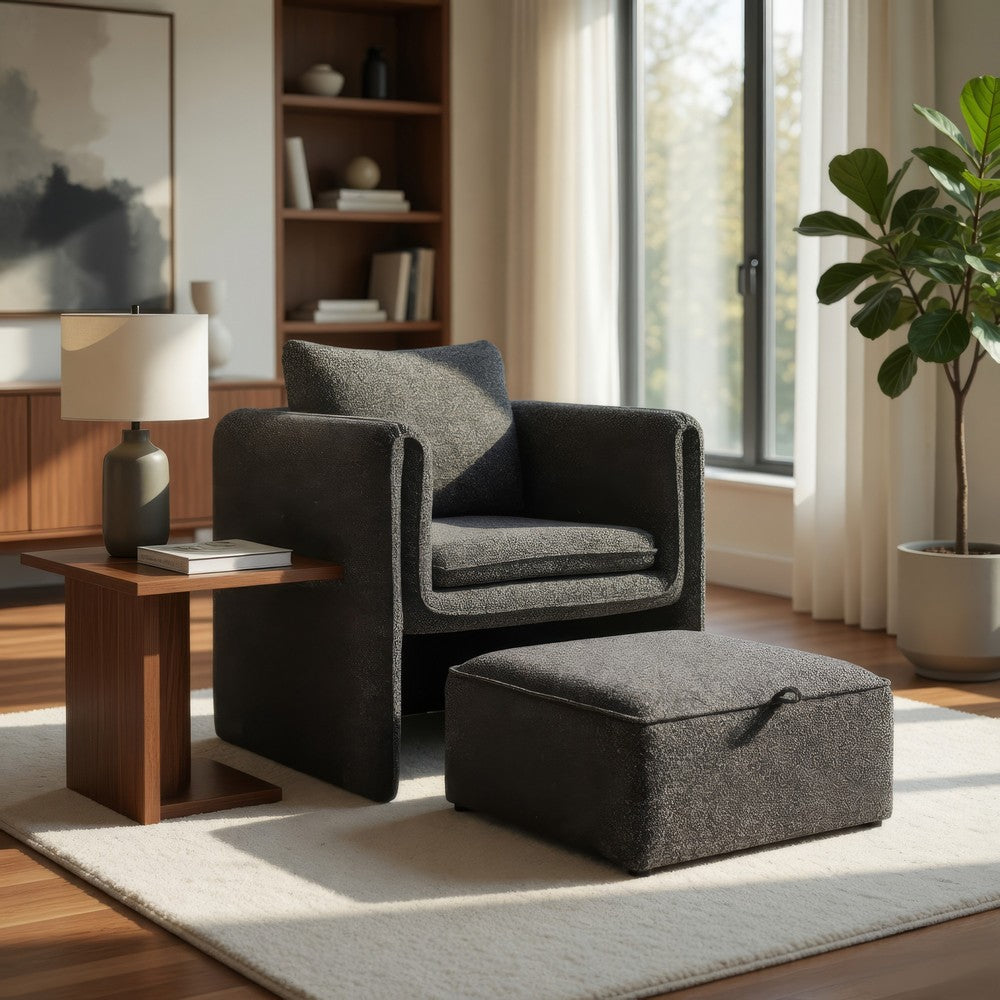 Vanie Accent Chair Pull-Out Ottoman, Charcoal-Black Polyester