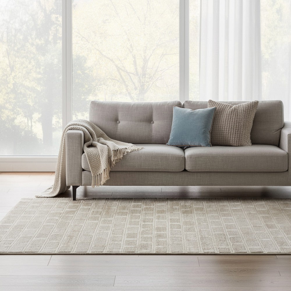 Lisa Hand Tufted Large Area Rug, Brick Pattern, Tan Wool-Polyester 8x10